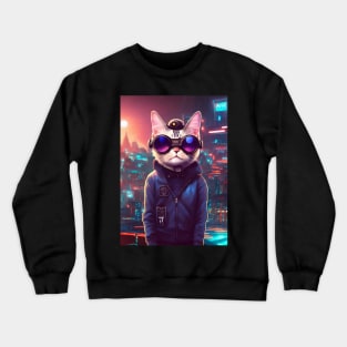 Cool Japanese Techno Cat In Japan Neon City Crewneck Sweatshirt